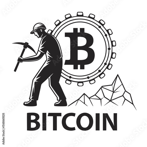 Miner with pickaxe near bitcoin symbol and mountains mining cryptocurrency