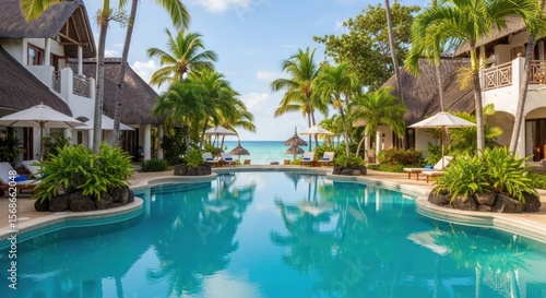 Wallpaper Mural Tropical resort pool area with beachfront views, showcasing lush landscaping and comfortable accommodations. Torontodigital.ca