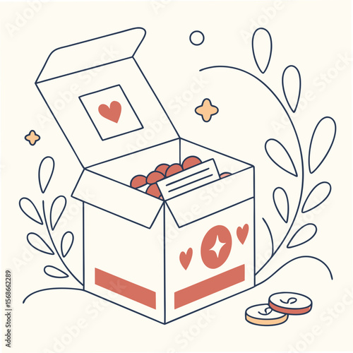 Open box with hearts and coins donation charity