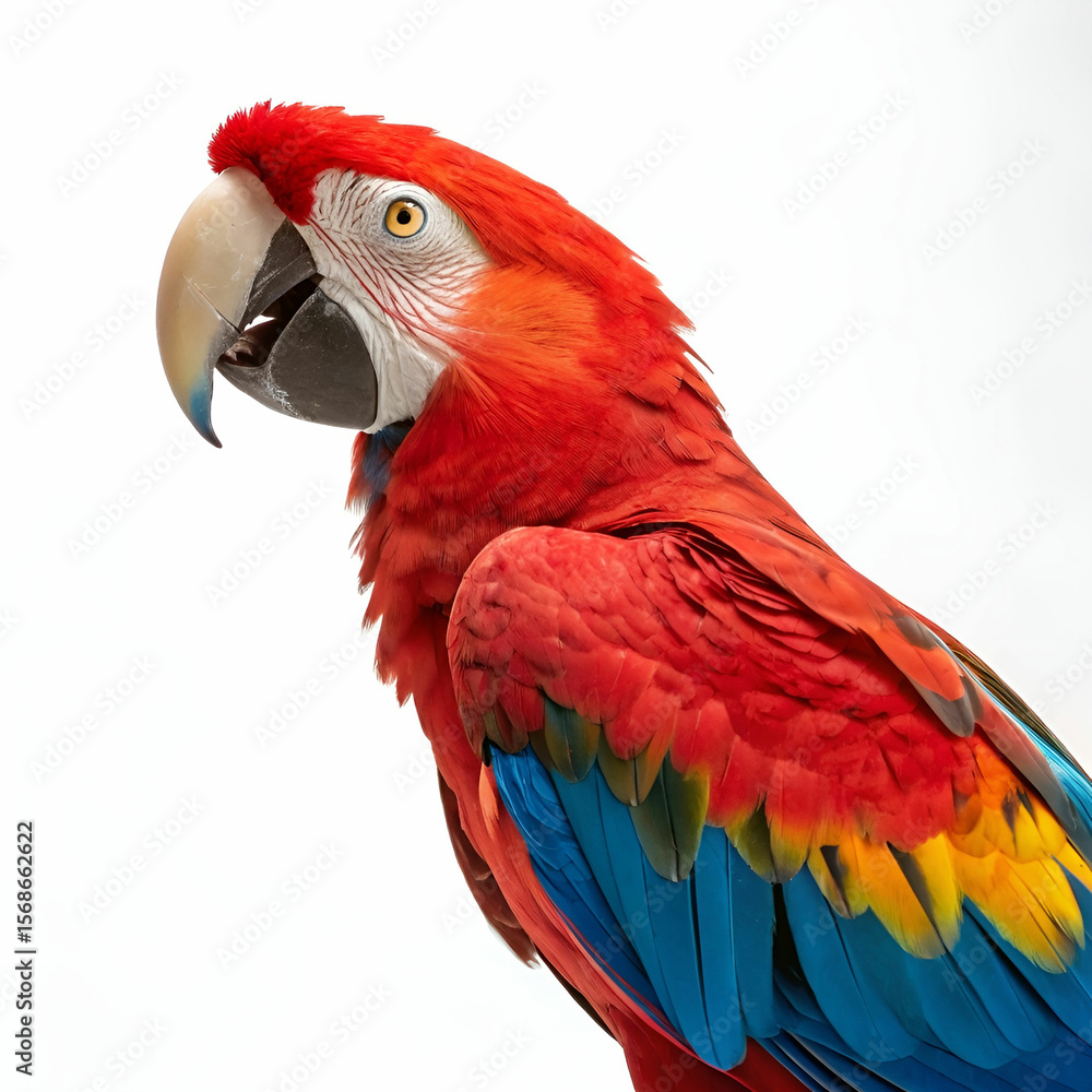 Naklejka premium A vibrant red macaw bird isolated on a bright white background.