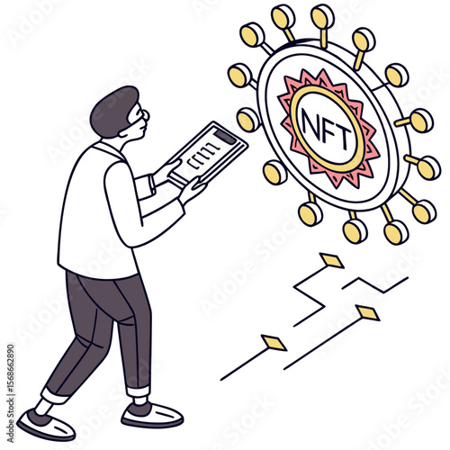 Person holding tablet looking at N F T symbol with data lines non fungible token