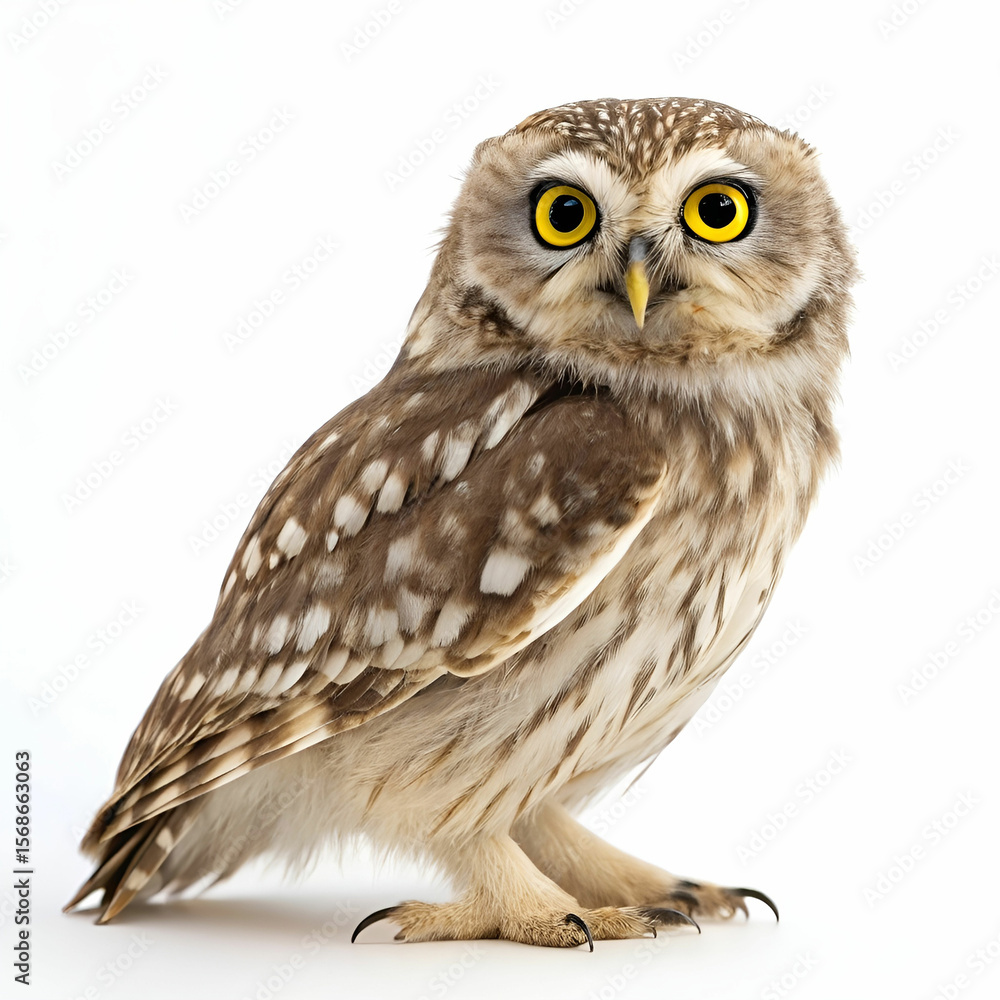 Naklejka premium An alert owl with bright eyes isolated on a clean white background.
