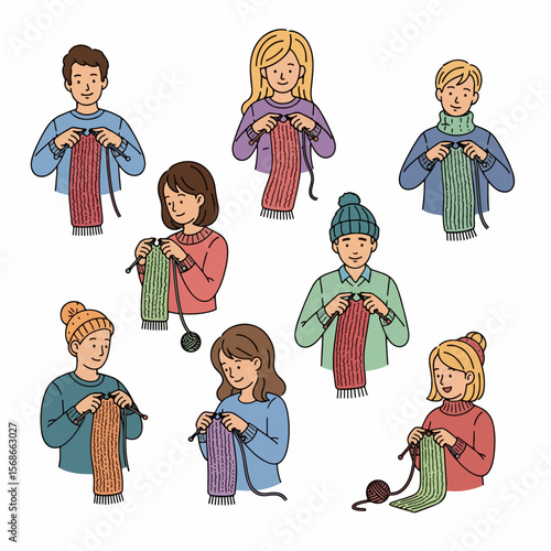 People knitting with yarn and needles, hobby, craft