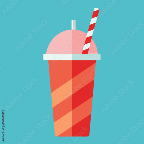 Refreshing Strawberry Smoothie in Red Striped Cup with Straw