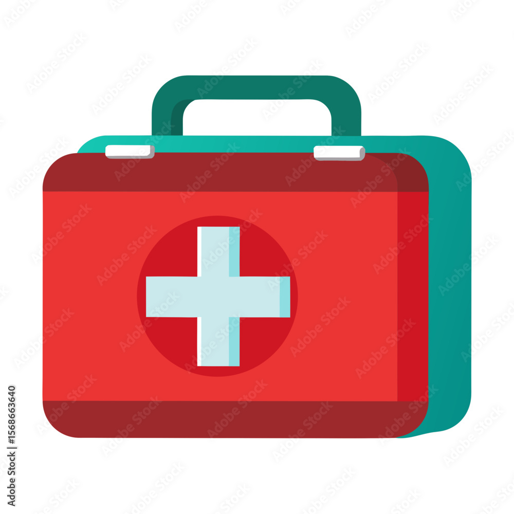 Red first aid kit with white cross and teal handle medical kit emergency kit