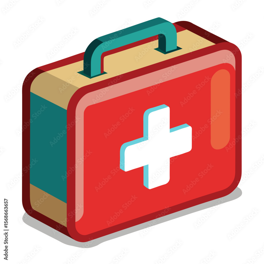 Obraz premium Red first aid kit with white cross and teal handle medical kit emergency kit