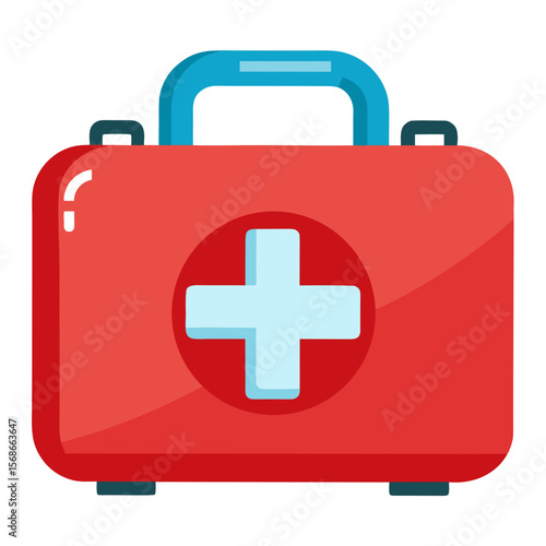 Red first aid kit with blue handle and white cross medical emergency