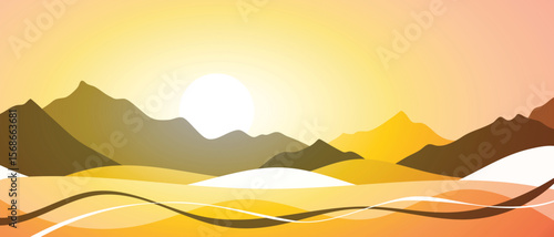 Minimalistic stylized landscape, mountain sunrise and sun, vector illustration, panoramic view