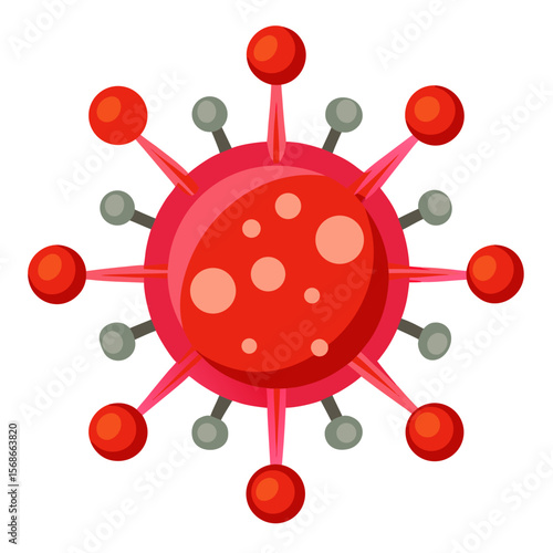 Red virus with spikes and dots on white microscopic