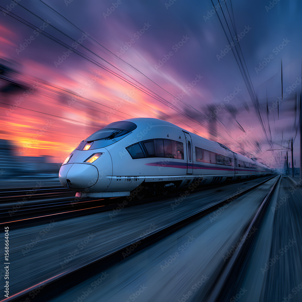 Fototapeta premium Bullet train high speed with among urban landscape., High speed bullet train speeding with urban landscape.