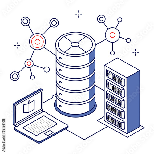 Server rack laptop and network nodes vector