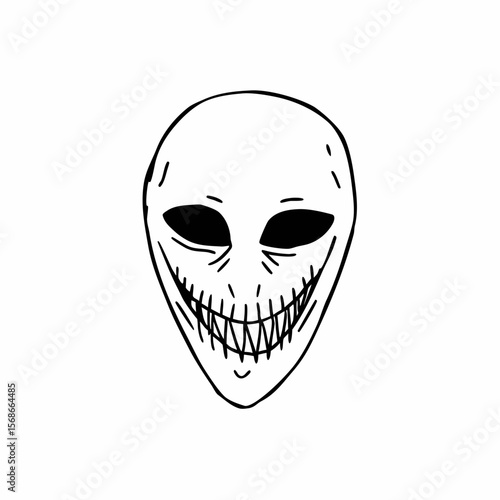 Spooky alien face with wide grin mask creepy