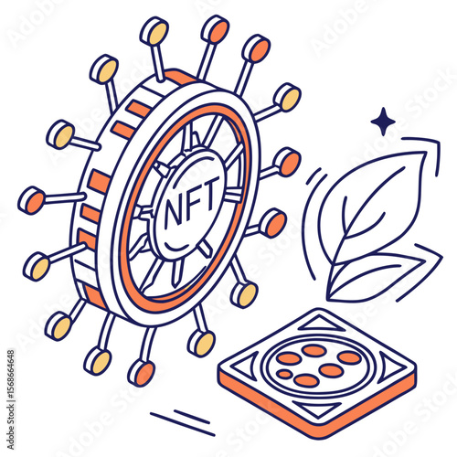 Stylized nft coin with leaves and geometric shape digital art blockchain