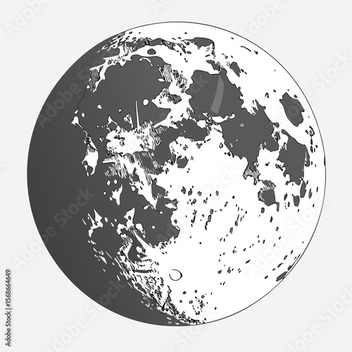 Stylized moon with craters and dark maria celestial body space