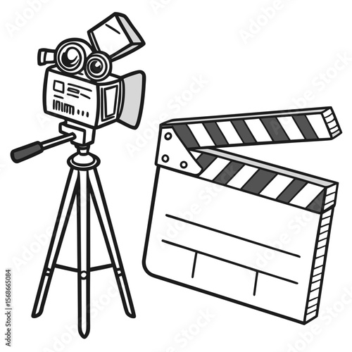 Vintage film camera and clapperboard movie production filmmaking