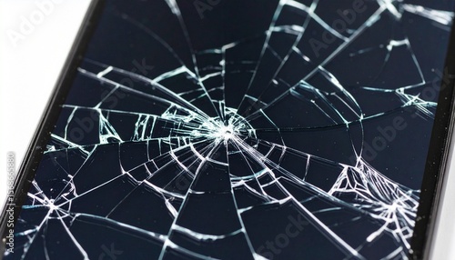 Close-up of a shattered glass screen with a spiderweb crack pattern