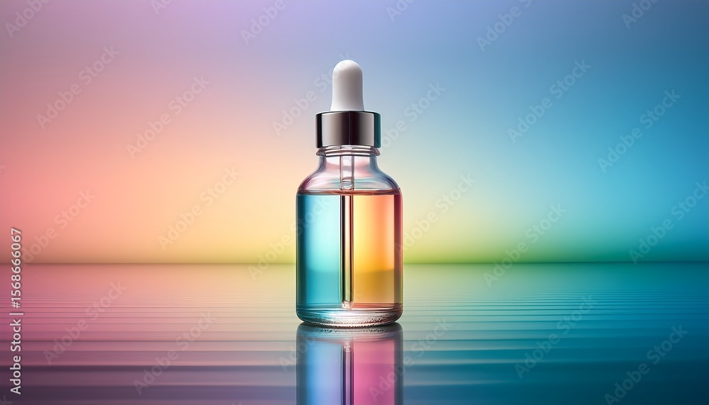 Naklejka premium a vibrant glass dropper bottle reflecting pastel colors against a soft gradient background