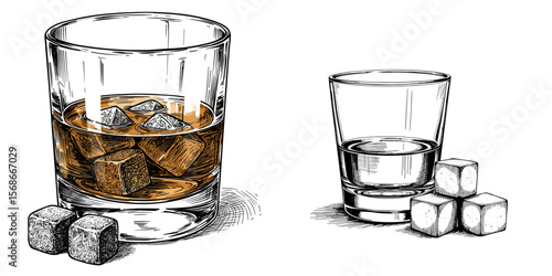 Whiskey Glass with Stone, Shot Glass with Ice Cubes Sketch. Premium chilling, unadulterated drinks, bar accessories, for beverage brands and upscale menus