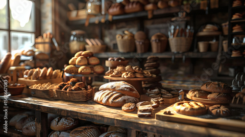 A high-quality AI-generated image of rustic bakery with fresh bread and pastries for commercial use.