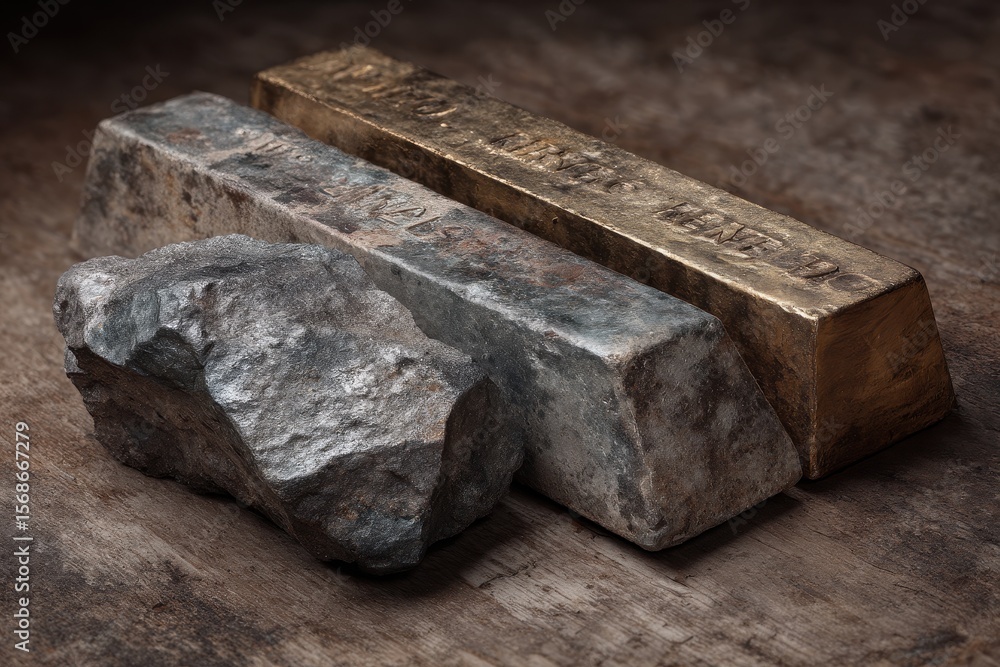 Ingot and metal bar beside ore a resource for industry Ingot and metal bar beside ore a resource for industry