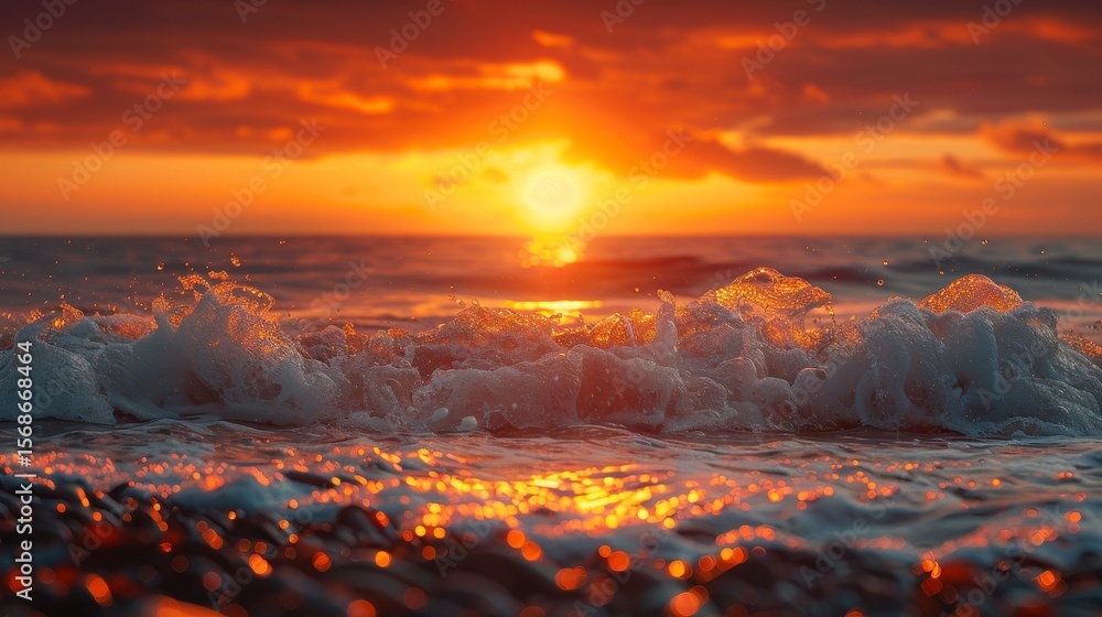 Fototapeta premium Sunset paints the sea orange, with waves crashing on a pebble beach, glittering from the sun