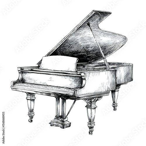 Artistic illustration of a grand piano with a classic, engraved style against a transparent background, showcasing musical elegance, silhouette