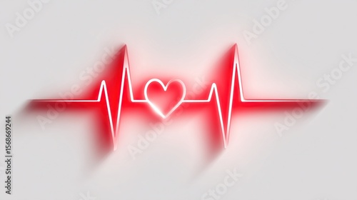 Neon red heart and waveform, representing vitality, with shadow and gradients on a white background