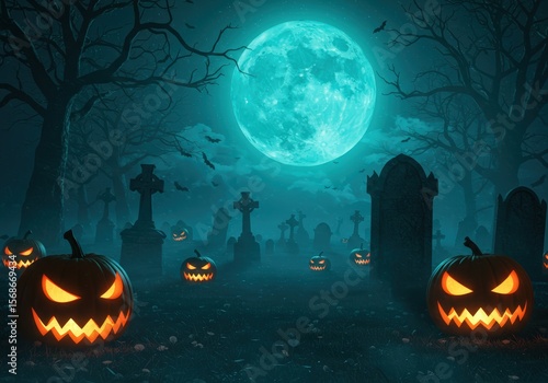 A chilling Halloween night with jack-o'-lanterns in a spooky graveyard under a full moon.