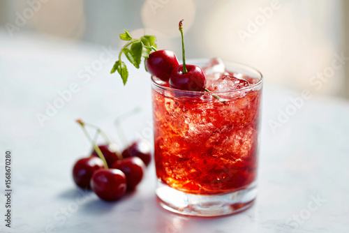 Wallpaper Mural Refreshing Mint Mojito Cocktail Beverage with Ice, Cherries, Soda, Syrup in Red Glass; Ideal Summer Party Drink for Bar Celebrations; Sweet, Colorful Alcoholic Appetizer with Flavorful Bubbles Torontodigital.ca