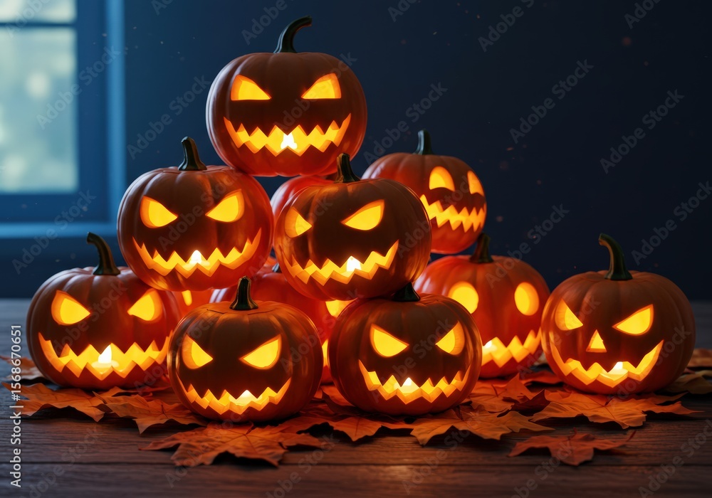 A stack of glowing jack-o'-lanterns creating a spooky Halloween atmosphere. A stack of glowing jack-o'-lanterns creating a spooky Halloween atmosphere.