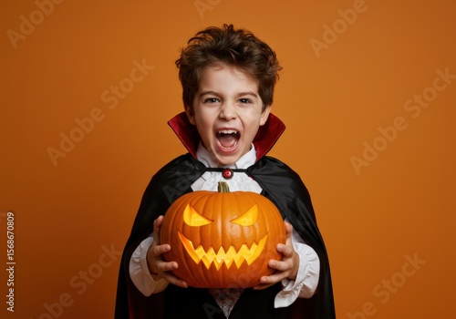 A young boy in a vampire costume holds a carved pumpkin, ready for halloween fun.