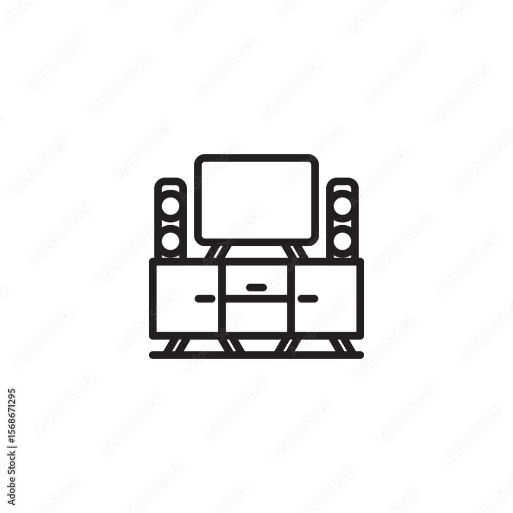 A simple line art icon depicts a home entertainment setup: a flat-screen TV on a media console, flanked by two tall speakers. A simple line art icon depicts a home entertainment setup: a flat-screen TV on a media console, flanked by two tall speakers.
