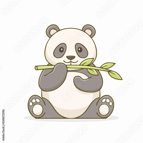 A cute cartoon panda sitting and holding a bamboo branch.