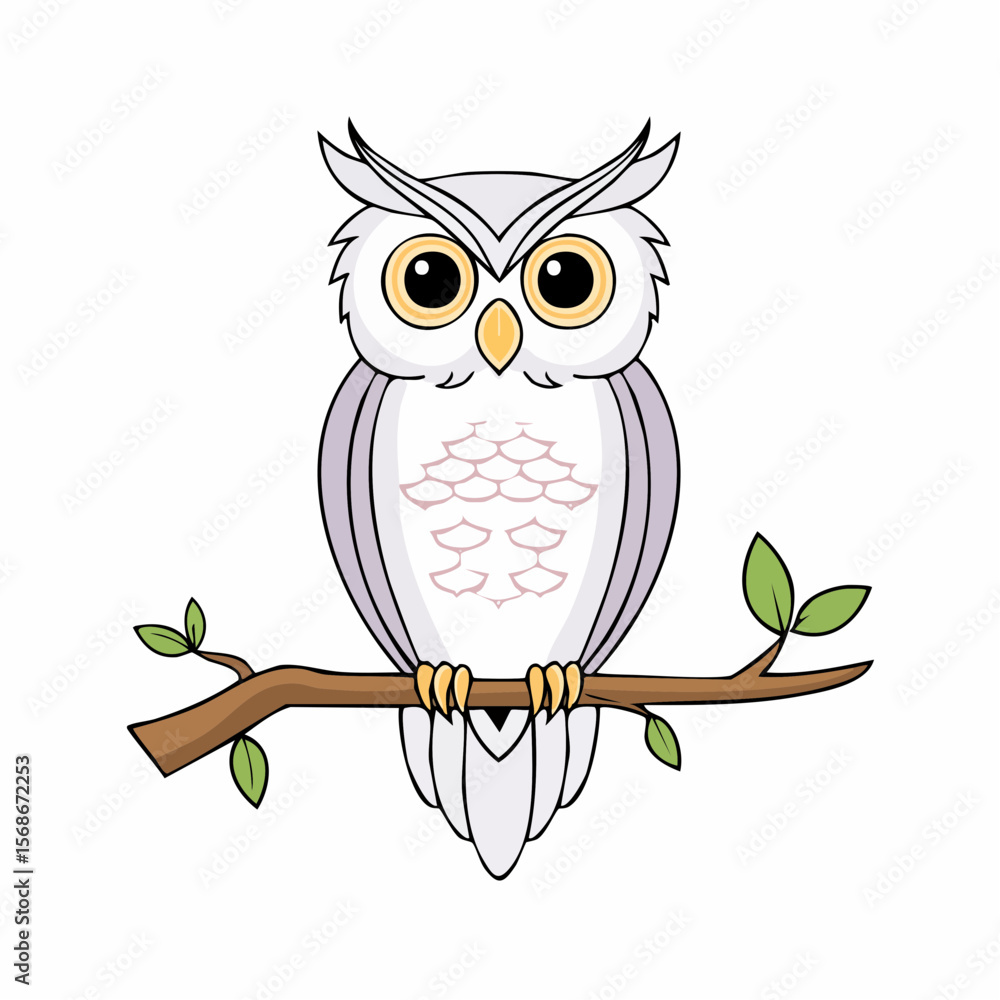 Fototapeta premium Cute cartoon owl perched on a branch, simple design.