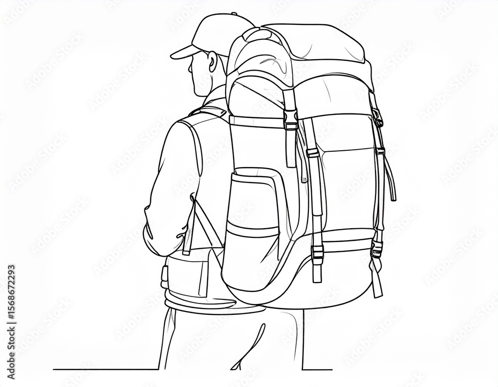 A person seen from behind, wearing a large backpack, ready for outdoor adventure. A person seen from behind, wearing a large backpack, ready for outdoor adventure.