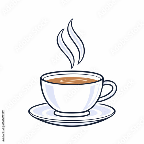A steaming cup of tea rests on a saucer, a simple illustration of a warm beverage.