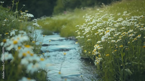 Tranquil stream flowing through a meadow of wildflowers. Lush greenery and white daisies surround a babbling brook