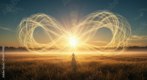 Woman Facing the Infinite Symbol Sunrise Spiritual Awakening Concept