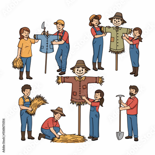 Farm work, scarecrow building, harvest, rural life