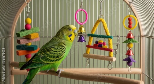 Green parakeet perched on cage perch with colorful hanging toys