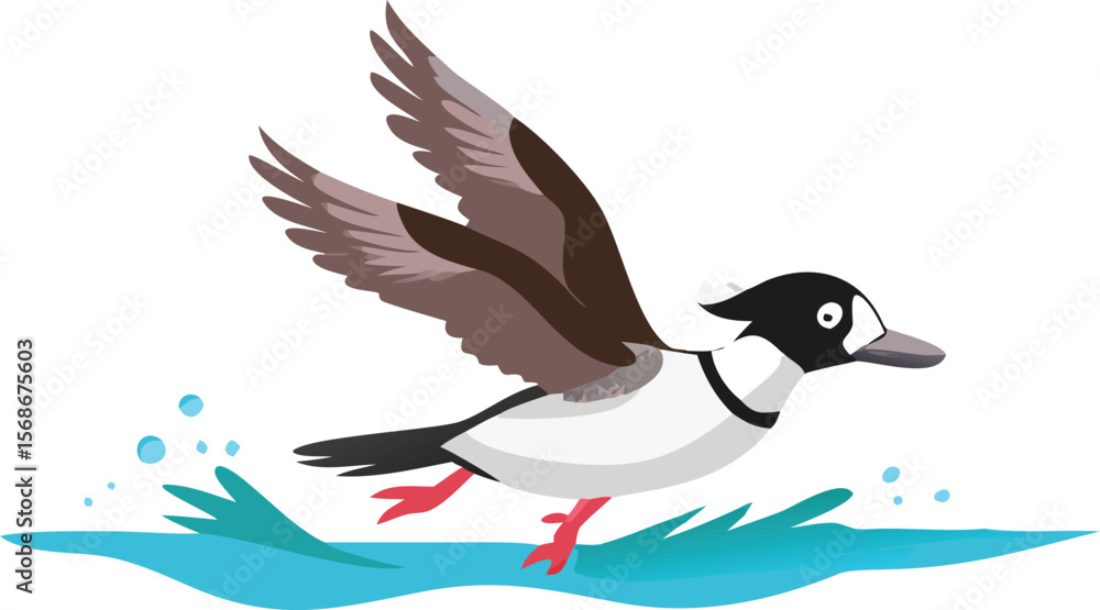 Fototapeta premium A bufflehead duck taking off from water, its small wings beating fast.