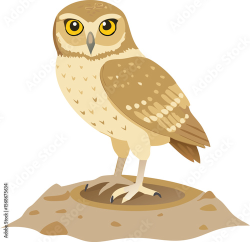 A burrowing owl standing at its burrow entrance, observing its surroundings.