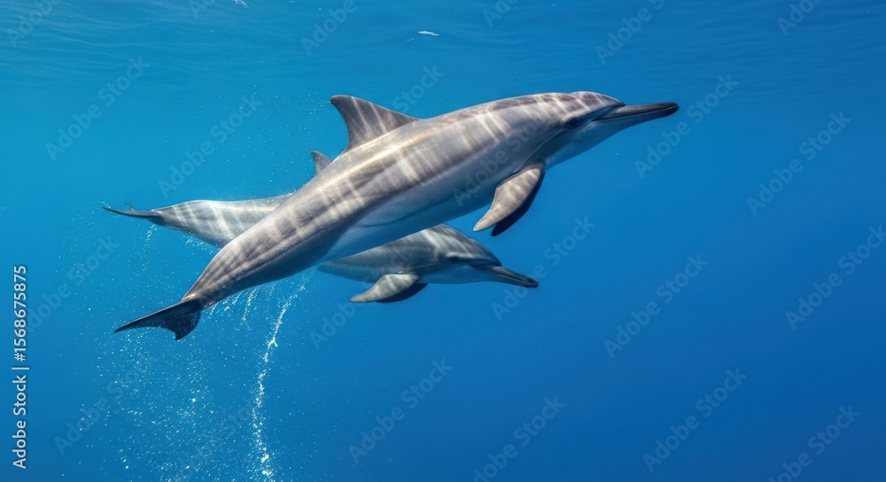 Fototapeta premium Two dolphins swim in the deep ocean water together wildlife nature