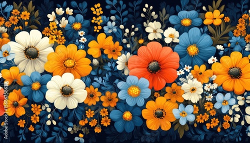 A vibrant pattern of blue, orange, and white flowers on dark indigo. Use this image for greeting cards or springtime-themed designs.