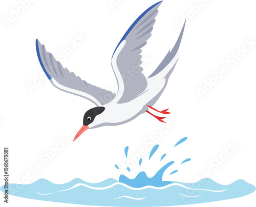 A common tern hovering over water, its wings rapidly beating for balance.