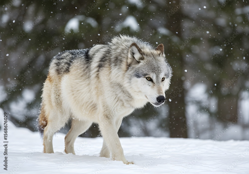 Fototapeta premium Wolf Walking Through Winter Forest