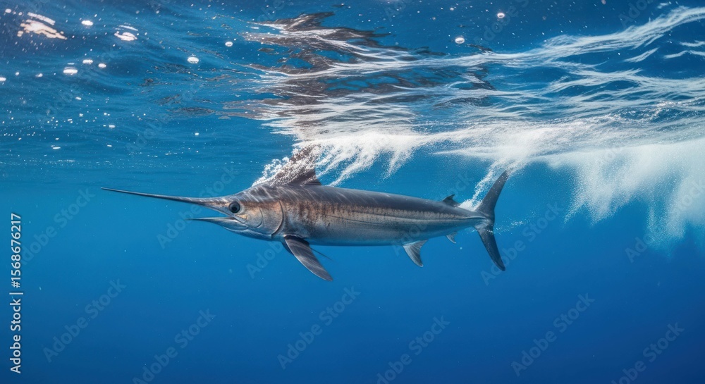 Obraz premium Marlin swimming in the blue ocean, view from underwater