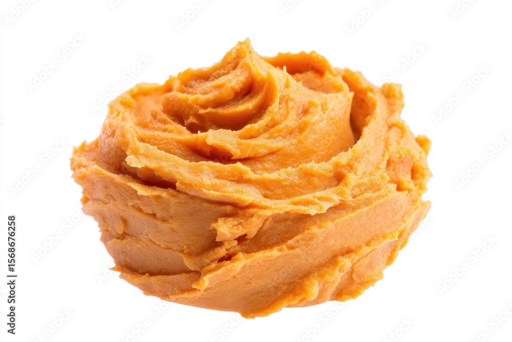 Isolated mashed sweet potato Pureed mashed or blended sweet potato preparations on a white backdrop Isolated mashed sweet potato Pureed mashed or blended sweet potato preparations on a white backdrop