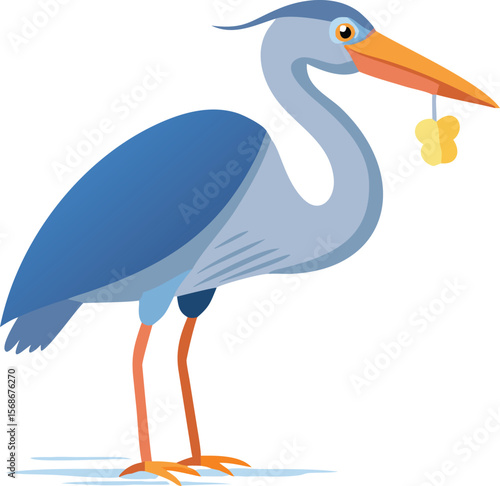 A great blue heron swallowing a fish, its neck bulging with the meal.