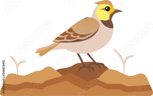 A horned lark bird camouflaged on barren ground, its subtle colors blending in.